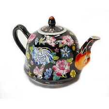 Chinese Jingdezhen Famille Noire Porcelain Small Tea Pot Black Floral 1960s 10oz