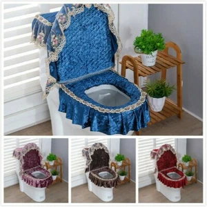 3Pcs Bathroom Toilet Seat Cover Set Lace Velvet Tank Cover Lid Pads Washable - Picture 1 of 16