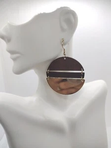 Lux Accessories Round Dangle Dark Walnut Wood & Gold Toned Circle Earrings Gift - Picture 1 of 4