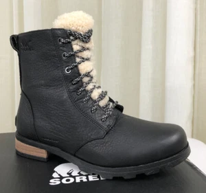 Stivali corti nuovi con scatola Sorel Emelie Shearling stringati comodi US 8 pelle nera FUNZIONANO PICCOLI - Foto 1 di 23