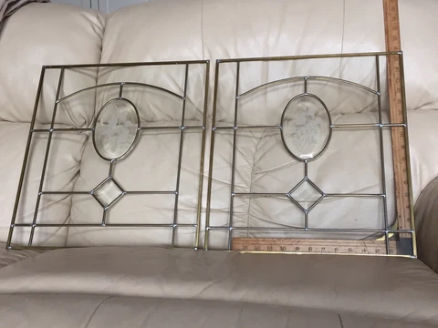 Pair 2 Vintage Beveled Glass Window Panel Etched Frosted Rose Motif Leaded Brass Cover