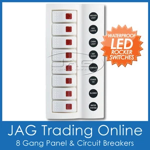8 GANG WHITE DELUXE LED ROCKER SWITCH PANEL & CIRCUIT BREAKERS - BOAT/MARINE - Picture 1 of 6