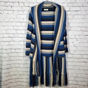 Elan blau grau beige Streifen Long Line Pullover ausgefranste Fransen Cartigan Gr. S - Bild 1 von 20