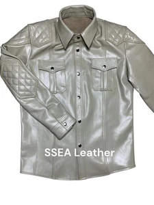 Men's Genuine Cowhide Leather Beige Shirt With Quilted Accents & Long Sleeves - Picture 1 of 4