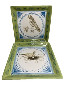 MWW Market Square Plate Green/Ivory/Blue Bird Motif 8" Set of 2 - Picture 1 of 5