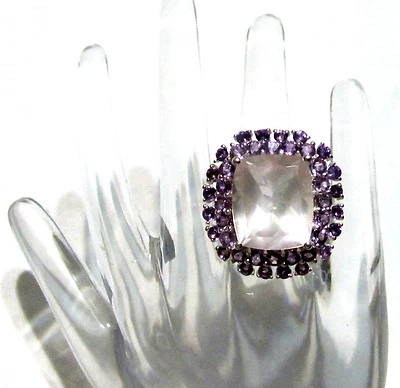 Rose Quartz Cushion Solitaire & Purple Amethyst Halo Ring, Size 7, 10.48(TCW) - Image 1 of 4