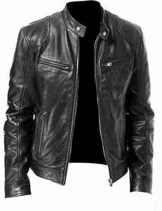 New Mens Vintage Biker Cafe Racer Retro Black Motorcycle Slim Fit Leather Jacket - Picture 1 of 3