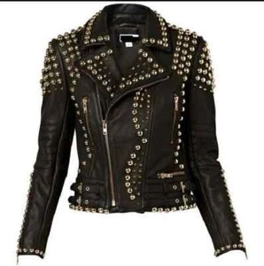 Handmade Women's Black Color Silver Studded Genuine Leather Jacket - Picture 1 of 3
