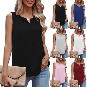 Women's Summer Sleeveless Chiffon Tank Tops Work Casual V Neck Button Blouses - Picture 1 of 42