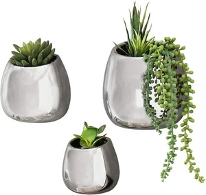 MyGift Set of 3 Wall Hanging Metallic Silver Ceramic Plant Vase Mounted Planters - Picture 1 of 6