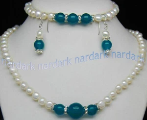 Natural 7-8mm White Pearl Jade Round Gems Necklace Bracelet Earrings Set 18'' - Picture 1 of 18