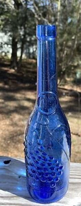 Vintage AM  Blue Glass Wine Bottle 12" Tall  Embossed Grapes And Leave Unique - Picture 1 of 7