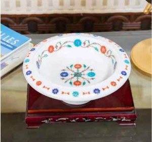 10" round white Marble Fruit Bowl malachite turquoise Stone Inlay table Decor - Picture 1 of 3