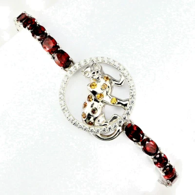 PULSERA TIGRE GRANATE RODOLITA CON DETALLES CIRCONITA CÚBICA PLATA ESTERLINA .925/14K WGP 7.5 Foto 1 de 3