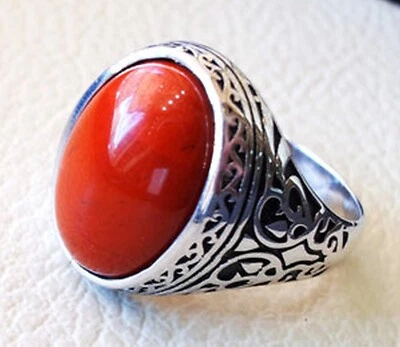 ANILLO PARA HOMBRE PESADO OXIDADO NAVIDAD PLATA ESTERLINA 925 PIEDRA CORAL ROJO NATURAL Foto 1 de 4