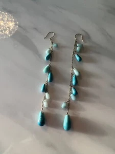 Kenneth Cole Turquoise Aqua Blue Green Stone Gold tone long chain hook earrings - Picture 1 of 2
