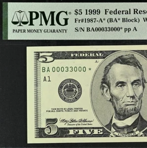 1999 $5 Federal Reserve Note PMG 65EPQ gem star radar serial number 00033000* - Picture 1 of 3