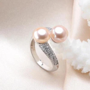 Anillo de circón de plata de ley ajustable doble perla natural de agua dulce - Imagen 1 de 16