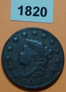 1820 Coronet /Matron HEAD (SMALL DATE ) LARGE CENT US COPPER COIN VERY GOOD-FINE - Imagen 1 de 3