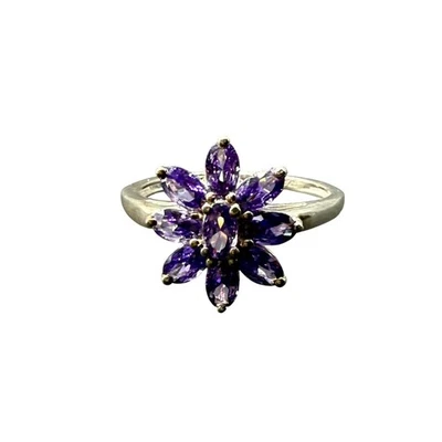 925 Sterling Silver Purple Crystal Flower Cocktail Ring Size 10 Party Evening - Image 1 of 4