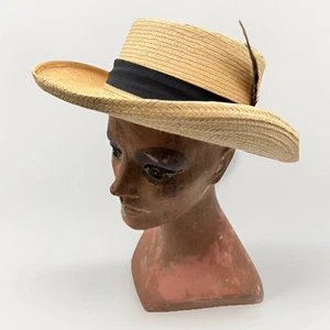 Vintage Bootsfahrer Strohhut Feder Akzent Retro Boho Chic breite Krempe Sommer Derby - Bild 1 von 8