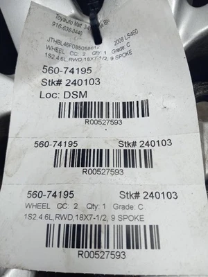 07 08 09 10 11 12 LEXUS LS460 ALLOY WHEEL 18X7-1/2 9 SPOKE 527593 - Image 1 of 4