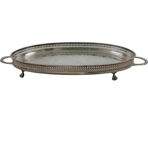 Vintage Silver Plated Oval Serving Tray Handles Pierced Gallery Bird Claw Feet - Picture 1 of 11