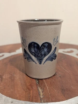 Vintage Rowe Pottery Works  Salt Glazed Stoneware Tumbler Cup With Cobalt Heart - Image 1 of 4