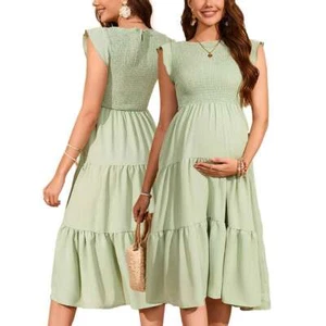 Damen Sommer Lockere Passform Alltag Langes Kleid Kurzarm Umstands Midikleid - Bild 1 von 14