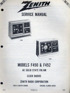 Zenith Service Manual Models F450/F452 AC Solid State FM/AM Clock Radio PFAX52 - Picture 1 of 1
