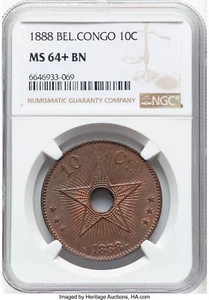 1888 CONGO FREE STATE 10 Centime Copper - MS64+BN NGC - Picture 1 of 2