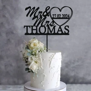 WOODEN MR & MRS PERSONALISED WEDDING CAKE TOPPER WITH DATE ANNIVERSARY KEEPSAKE - Picture 1 of 14