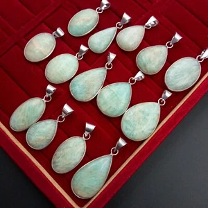 Amazonite Gemstone 925 Sterling Silver Plated Wholesale Lot Bezel Pendant Gift - Picture 1 of 2