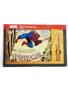 Picnic Time Amazing Spider-Man Glass Top Serving Tray & Knife Set Brand New - Picture 1 of 4