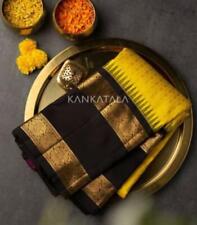 Wedding Soft Lichi Silk Blend Jacquard Saree Sari Indian Festival Yellow