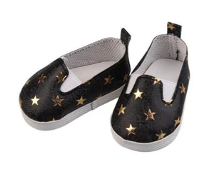 Zapatos planos estrella brillo negro hechos para muñeca chica americana de 18"" - Imagen 1 de 2