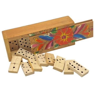 Handmade Wooden Mini Domino Set Painted Box 28 Pieces Mexico Folk Art Souvenir  - Image 1 of 4