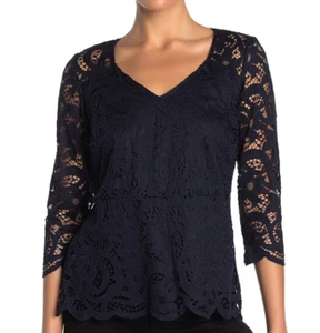 Nanette Lepore Lace V-Neck 3/4 Sleeve Scalloped Top Navy S NWT $88 - Picture 1 of 3