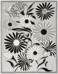 Durable 8' X 11' Black And White Floral Stain Resistant Non Skid Area Rug