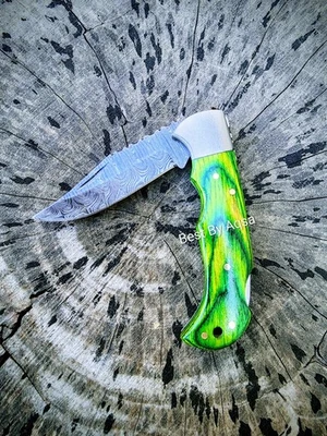 Navaja de bolsillo Damasco hecha a mano personalizada con funda de cuero #cuchillo #USA #CUCHILLOS Foto 1 de 4