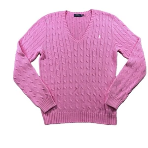 Polo Ralph Lauren Women Cable Knit Sweater V-Neck Preppy Pony Pink XL F197 - Picture 1 of 8