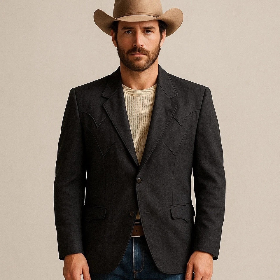 Circle S 男式西部西装外套黑色牛仔夹克 48R 1990 年代 Y2K 复古 — 第 1/4 张图片