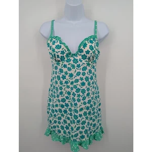 Victoria’s Secret Pout Floral Babydoll Slip Dress Medium Green Blue Flower Print - Picture 1 of 6