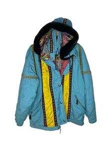 Vintage HEAD Ski Jacket 80s 90s Aztec Lined Turquoise Yellow Retro Unisex L - Picture 1 of 5