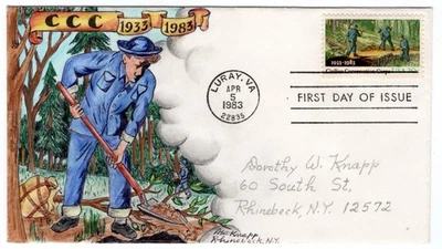 #2037 Civilian Conservation Corps CCC Dorothy Knapp Hand Painted 1983 FDC Luray - Image 1 of 2