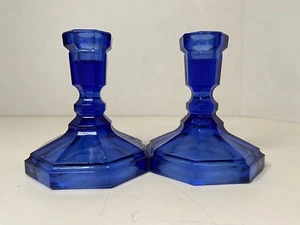Vintage Cobalt Blue Glass Octagonal Base Set 2 Candle Stick Taper Holders 4.5” - Picture 1 of 6