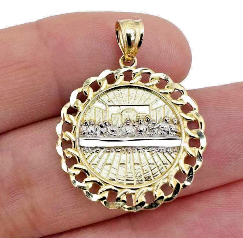 10K Gold Yellow White 2-Tone Miami Cuban Textured Last Supper Pendant 1.1" - Image 1 of 4
