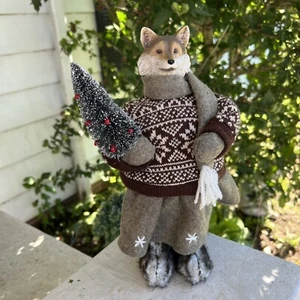 Resin Cloth Christmas Fox 12” Tall Christmas Clothes Holding Christmas Tree - Picture 1 of 12