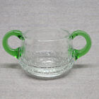 Art Glass Sugar Bowl Green & Clear Hand Blown Bubble Glass Double Handle 6"