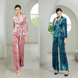 Velvet Women's Suits Peak Lapel Belted Business Casual Winter Warm Size Custom - Picture 1 of 14
